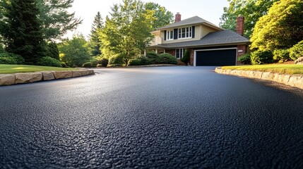 A newly restored asphalt driveway showcases freshly applied black sealcoat with a glossy finish.