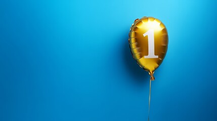 Canvas Print - This bright blue background showcases a gleaming golden balloon with the numeral one, ideal for marking a one-year anniversary and providing plenty of space for custom messages.