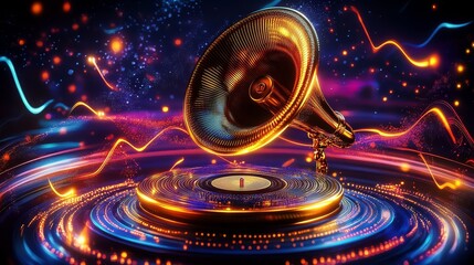 Wall Mural - A golden gramophone encircled by enchanting audio waves and captivating digital sound designs against a dark backdrop illuminated with neon lights.