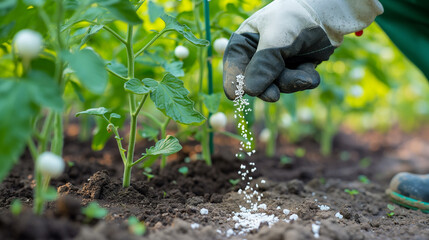 Farmer giving granulated fertilizer to young tomato plants. Hand in glove holding shovel and fertilize seedling in organic garden