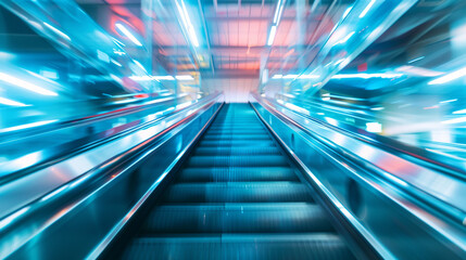 Motion blur effect on an escalator with bright blue lighting