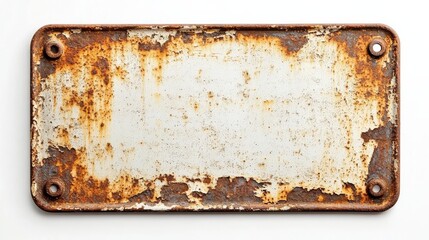 Nostalgic rusty metal signage with tattered edges and bleached lettering presented on a stark white background, reminiscent of bygone eras.