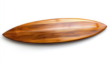 Isolated retro wooden longboard surfboard on a white backdrop, highlighting its classic design and smooth wood grain.