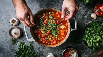 Cooking: the hands of the chef making a vegetarian stew with vegetables (thick soup). Kitchen scene photographed from above (top shot, flat lay): saucepan with ingredients for the dish scattered aroun