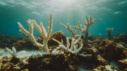 Wall Mural - Bleached coral reefs lying lifeless under warm ocean waters, representing the loss of vibrant marine ecosystems due to rising temperatures and ocean acidification.