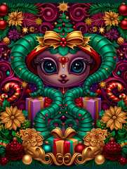 Wall Mural - A woman with a green body and a red bow is holding a gift. The image is a Christmas card with a green and red color scheme