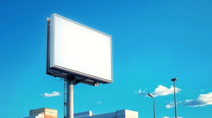 Urban landscape highlighted by a stylish white square billboard raised on a pole against an azure blue sky.