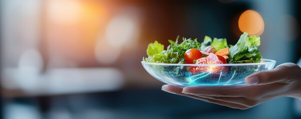 A fresh salad served in a sleek glass bowl, showcasing vibrant colors and healthy ingredients, perfect for a nutritious meal.