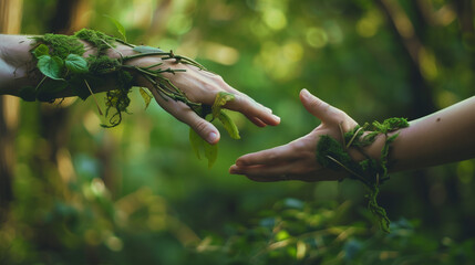 A hand is reaching out to another hand, with a leafy branch in between. Concept of connection and growth, as the two hands come together in a gesture of unity