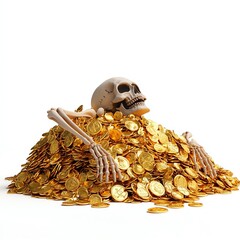 Create image of Skeleton buried in a pile of gold coins, Halloween concept.