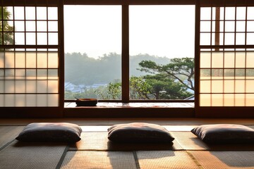 Wall Mural - Traditional Japanese Room with Tatami Mat Flooring and a View