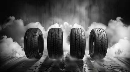 Four tires are shown in a foggy, misty atmosphere. The tires are positioned in a row, with the middle tire being the tallest. The foggy and misty atmosphere gives the image a mysterious