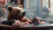 © cloud7days - A brown bear relaxing in a luxurious spa with exotic flowers and soothing steam, presenting a surprising moment of comfort and indulgence.