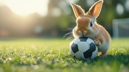 A rabbit playing football in a green park, wearing a tiny jersey and showing off its skills with an agile and playful approach to the game.