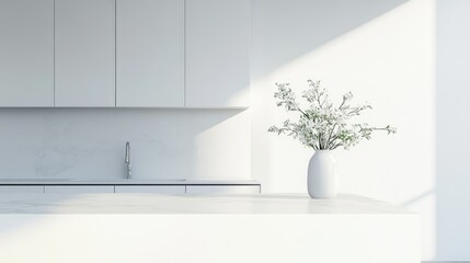 A white minimalist kitchen, with a clean countertop and a simple vase of flowers, showcasing a balanced and elegant design.