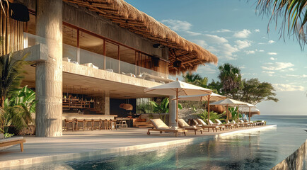 Wall Mural - most stylish, modern, tasteful luxurious eco beach resort with cement, focus on restaurant bar, one 