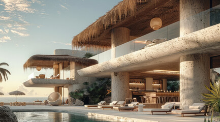 Wall Mural - most stylish, modern, tasteful luxurious eco beach resort with cement, focus on restaurant bar, one 