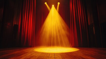 Bright yellow spotlight beam hits the center of a wooden stage, with rich red curtains drawn in the background.