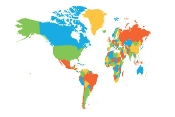  A vector representation of a political world map showcasing various countries in distinct colors. This visual emphasizes geographic boundaries without labels or additional details.