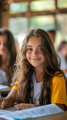 Canvas Print - A young girl with long brown hair smiles as she writes in her notebook. AI.