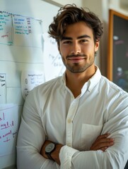 Wall Mural - A young man stands with his arms crossed, leaning against a wall. AI.