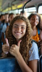 Wall Mural - A young woman gives a thumbs up while riding on a bus. AI.