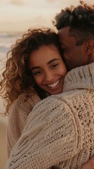 Poster - A man and woman hugging on the beach. AI.