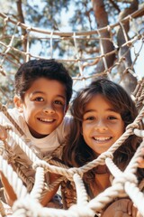 Canvas Print - Two kids smiling through a rope net. AI.