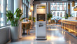 © visoot - Modern design white glossy self-service kiosk as the focal point in a restaurant, vibrant lighting, digital menu display on the kiosk, clean and minimalist background. Generative AI.