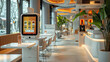 © visoot - Modern design white glossy self-service kiosk as the focal point in a restaurant, vibrant lighting, digital menu display on the kiosk, clean and minimalist background. Generative AI.