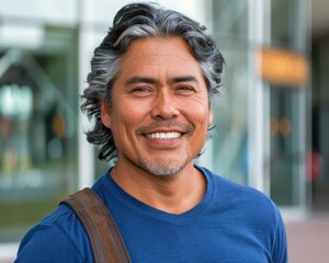 Poster - A man with gray hair and a beard smiles warmly at the camera. AI.