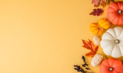 Poster - decor featuring pumpkins and fall foliage, yellow backdrop