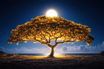 Majestic tree glowing full moon the sea