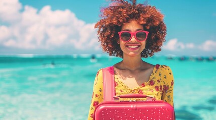 A happy young woman stands on a tropical beach, holding a vibrant red suitcase and enjoying the warm weather and beautiful scenery