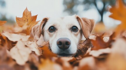 The dog is lying among vibrant autumn leaves, surrounded by a peaceful park setting, fully embracing the joy of fall