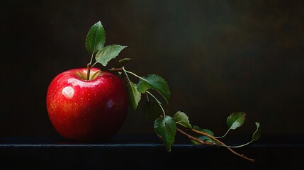 Wall Mural - Elegant Red Apple with Green Vine on Dark Table: Perfect for Sporty Interior Posters and Inspirational Art Décor