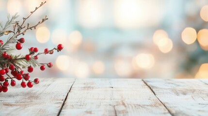 Wall Mural - An empty wooden table is set against a charming Christmas background filled with twinkling lights and festive decorations