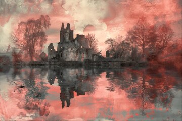 A silhouette of a castle with a reflection in the water, under a red and orange sky.