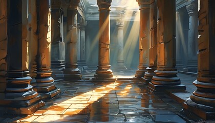 Sticker - This picture shows the pillars of an ancient building. Sunlight shines on the ground through the cracks in the building, creating a mysterious atmosphere.