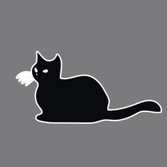 Black Cat Sticker For Any Design, Vector black cat sticker illustration, Black cat silhouette. Doodle on white silhouette and gray shadow. Hand drawn cartoon style.