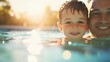 © red_orange_stock - A father and son share a delightful moment together in a backyard pool, enjoying the sun and water on a lovely day