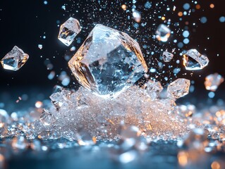 Ice cubes falling and shattering transparent background