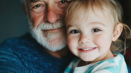 Wall Mural - A joyful grandfather hugs his happy granddaughter indoors, both sharing a warm and loving moment in their cozy home