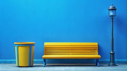 Wall Mural - A medium shot of a yellow bench with a street lamp and a bin against a vibrant blue studio background, urban, medium shot, street lamp, furniture, lighting, minimalistic, public space