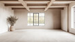 © JuanM - Spacious empty room with large windows, high ceilings with beans, natural lighting and beige tones