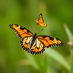 flying plain tiger butterflies in green garden  background