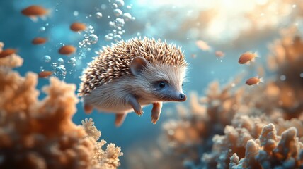 A hedgehog diving into the sea, exploring vibrant coral reefs and interacting with marine life in clear blue water.