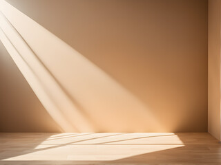 Empty room with wooden floor and wall illuminated by sunlight