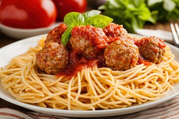 Canvas Print - Hearty spaghetti with meatballs fresh basil