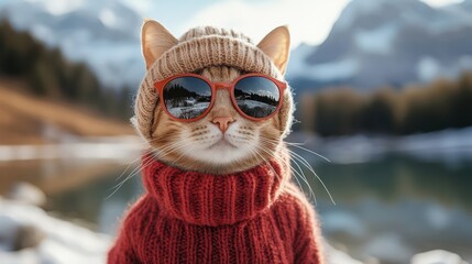 cat wearing a beanie and sunglasses in the mountains.